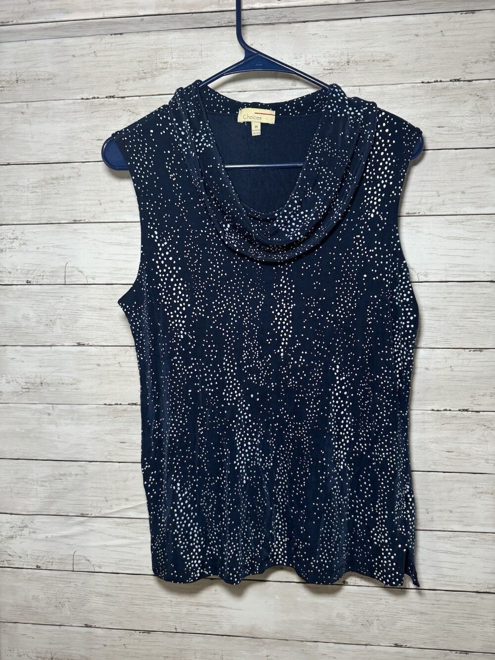 Choices Women’s Navy Blue Crowl Neck Sleeveless Blouse Size Medium Polka Dots M